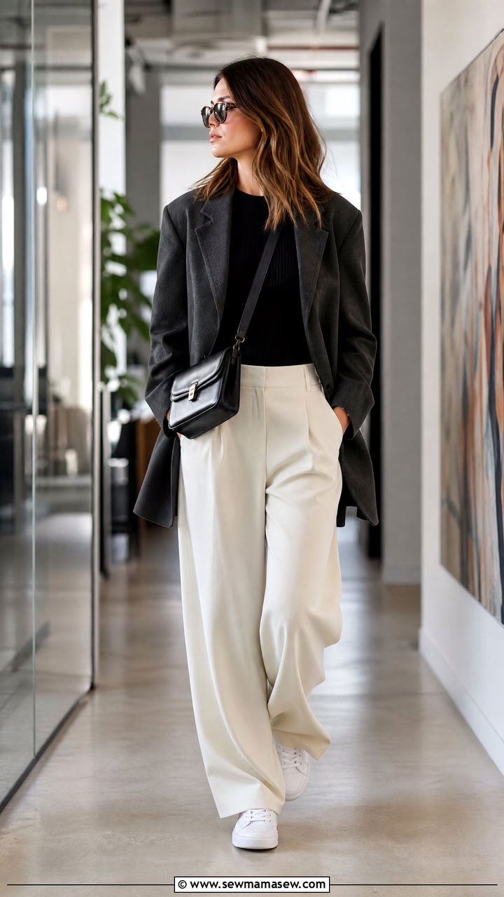 Oversized Blazer with Wide Leg Trousers and Sneakers - 30 Marketing manager outfit ideas