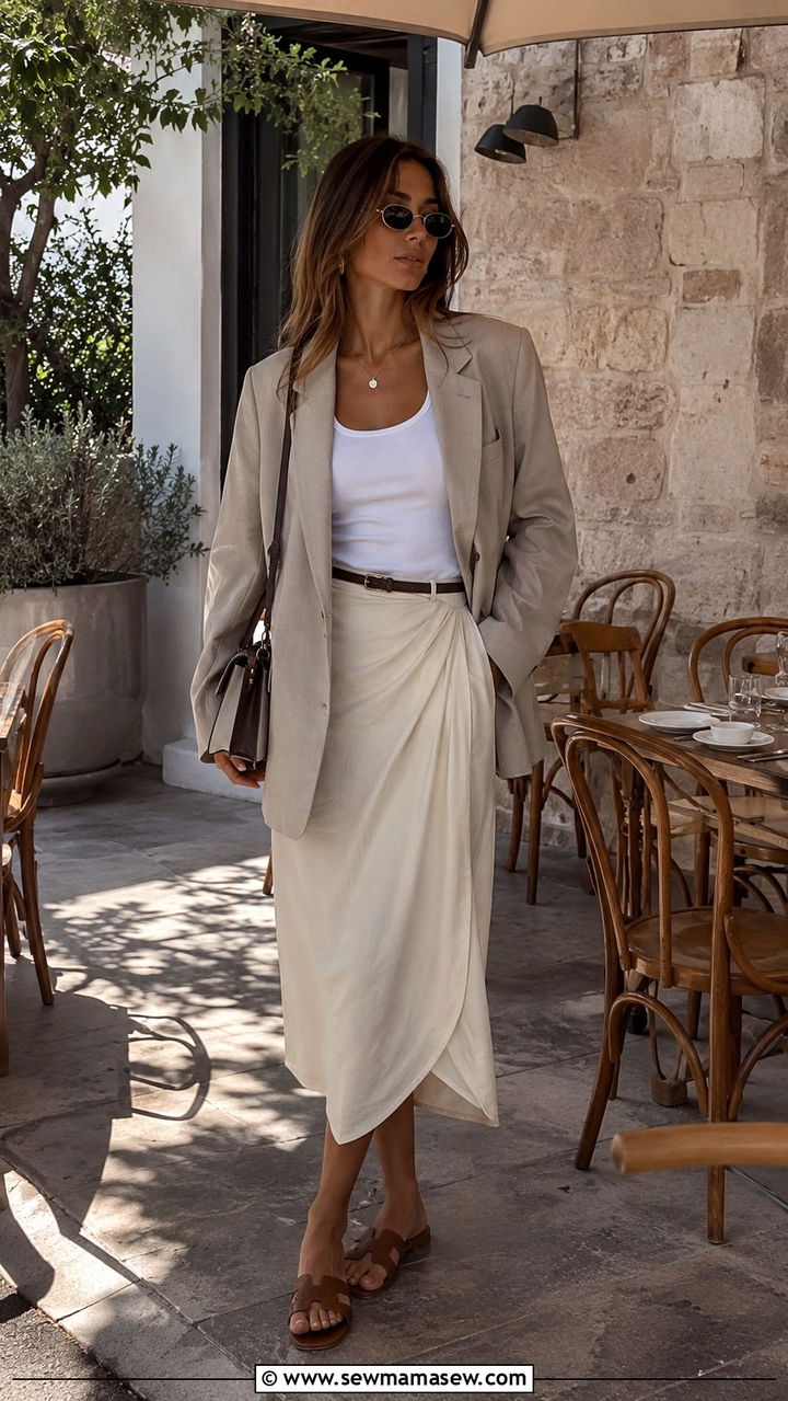 Oversized Blazer with Wrap Skirt Outfit - 30 Oversized blazer outfit ideas with a skirt