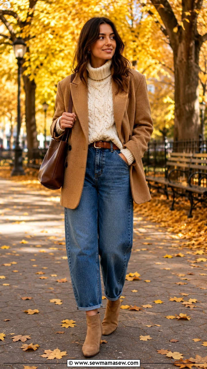 Oversized Blazer with a Chunky Knit Sweater and Barrel Leg Jeans - 30 how to style oversized blazer