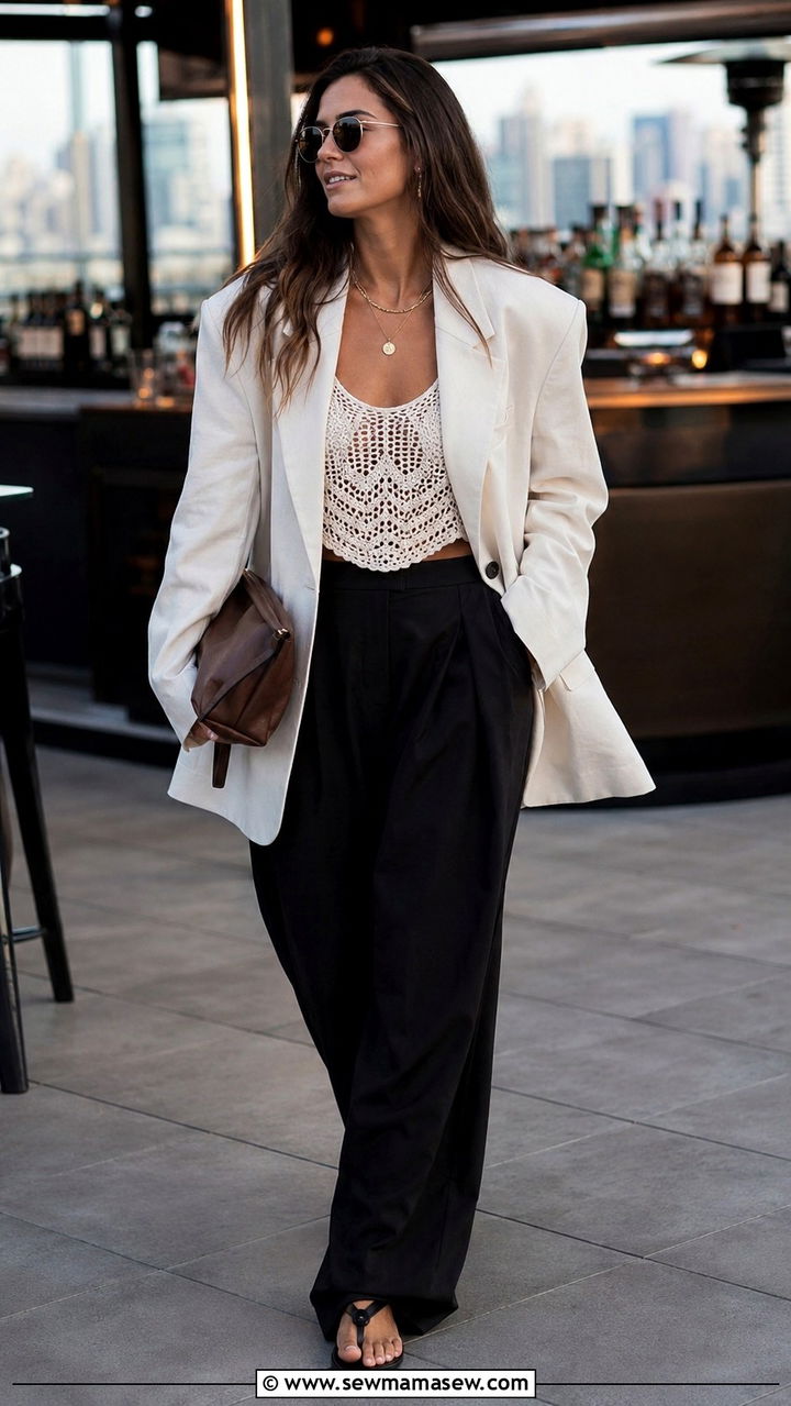 Oversized Blazer with a Crochet Top and Wide Leg Black Trousers - 20 summer to fall outfits trends