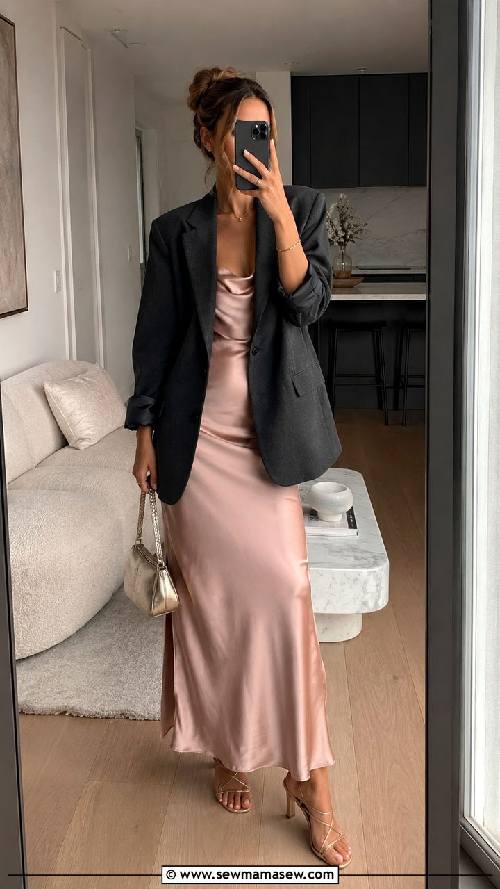 Oversized Blazer with a Satin Slip Dress - 30 classy romantic outfits