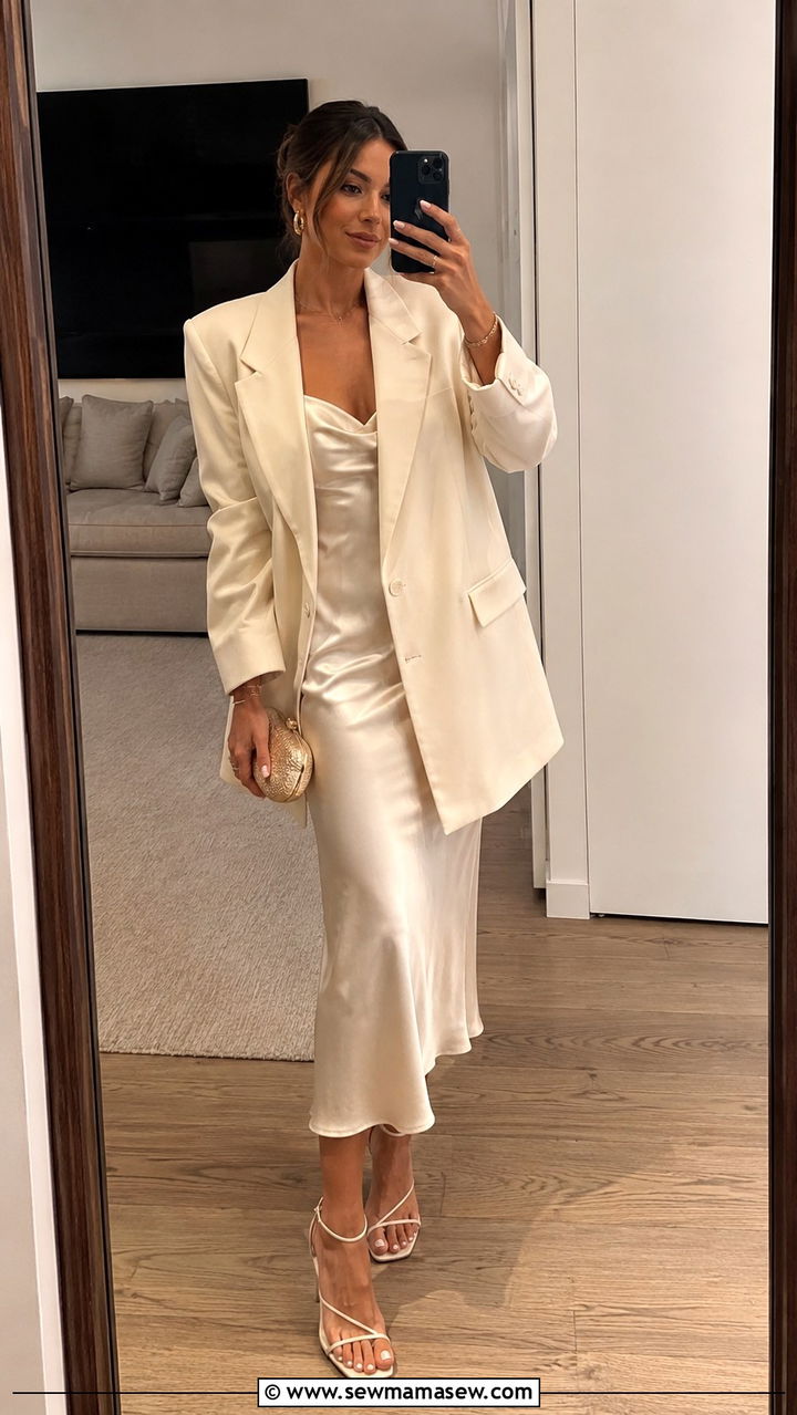 Oversized Blazer with a Slip Midi Dress and Strappy Heels - 30 how to style oversized blazer