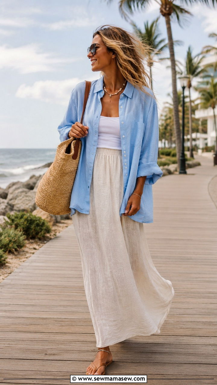Oversized Blue Button Down With Cream Maxi Skirt - 30 Maxi skirt outfit ideas with a button down