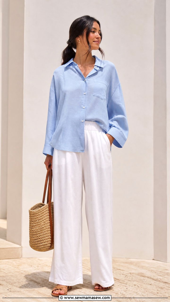 Oversized Blue Shirt With White Wide Leg Trousers - 30 Modest outfit ideas with oversized shirt