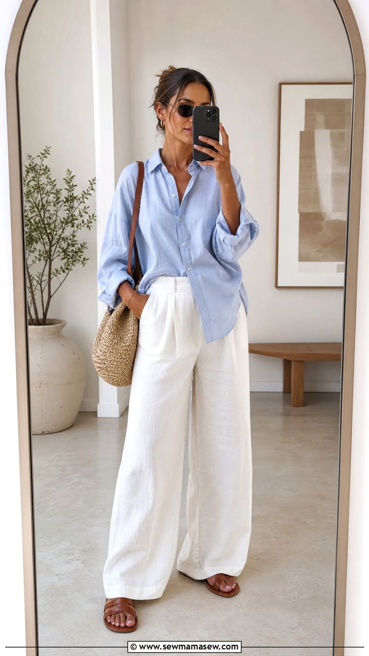 Oversized Blue Shirt With White Wide Leg Trousers Outfit - 30 Summer cozy outfit ideas