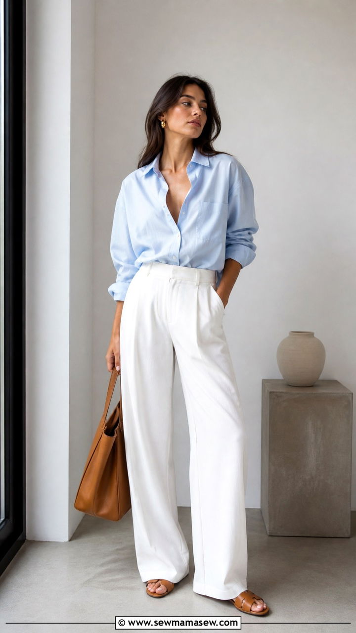 Oversized Blue Shirt With White Wide Leg Trousers - 40 summer outfits 2026