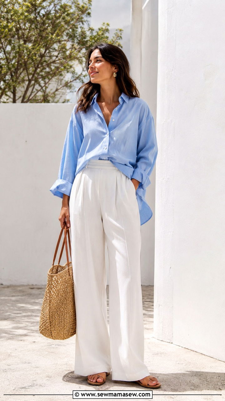 Oversized Blue Shirt with White Wide Leg Trousers - 30 Modest outfit ideas 2026