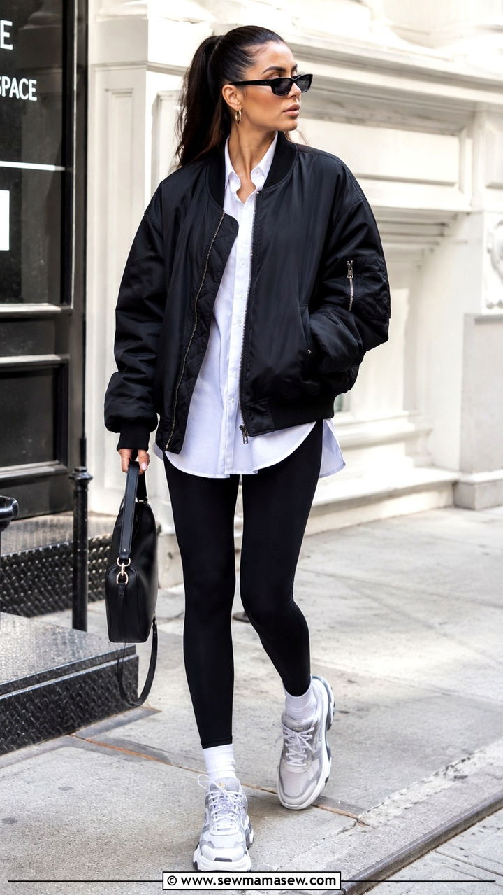Oversized Bomber Jacket With Leggings - 25 bomber jacket outfits for women over 40