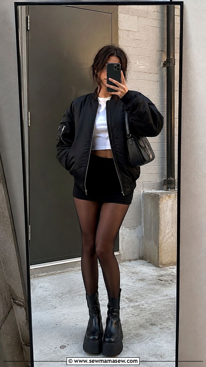 Oversized Bomber Jacket With Mini Skirt - 30 spring bomber jacket outfit ideas