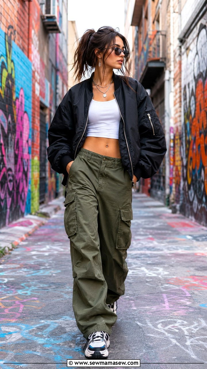 Oversized Bomber Jacket with Cargo Pants and Cropped Top - 30 casual grunge outfits