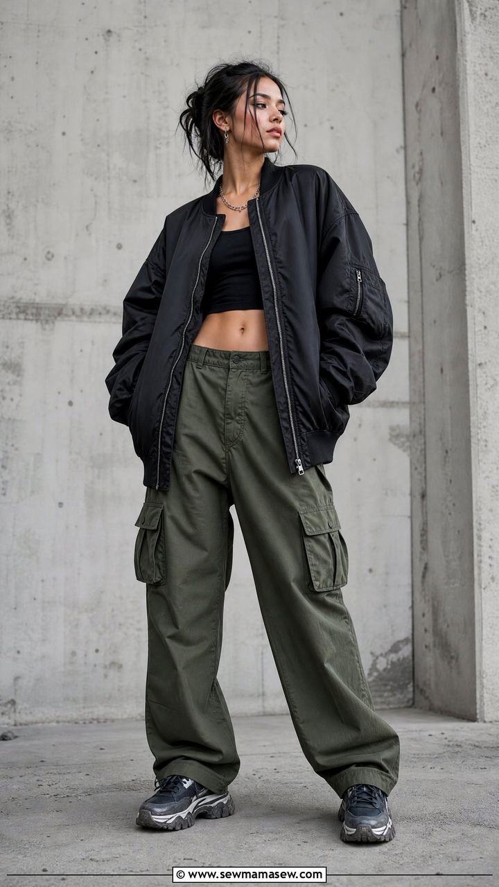 Oversized Bomber Jacket with Cargo Pants and Cropped Top - 35 grunge outfit ideas for women