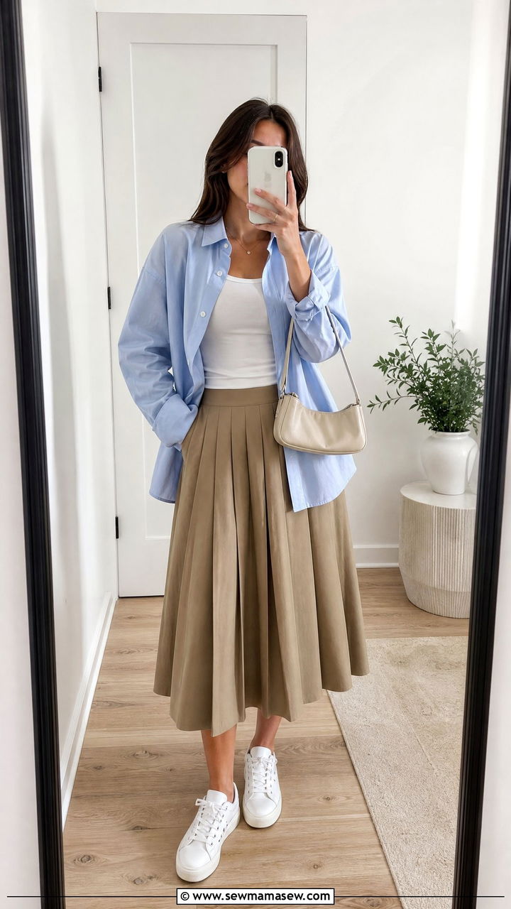 Oversized Boyfriend Shirt and Pleated Skirt Casual Outfit 2026 - 25 casual outfits 2026