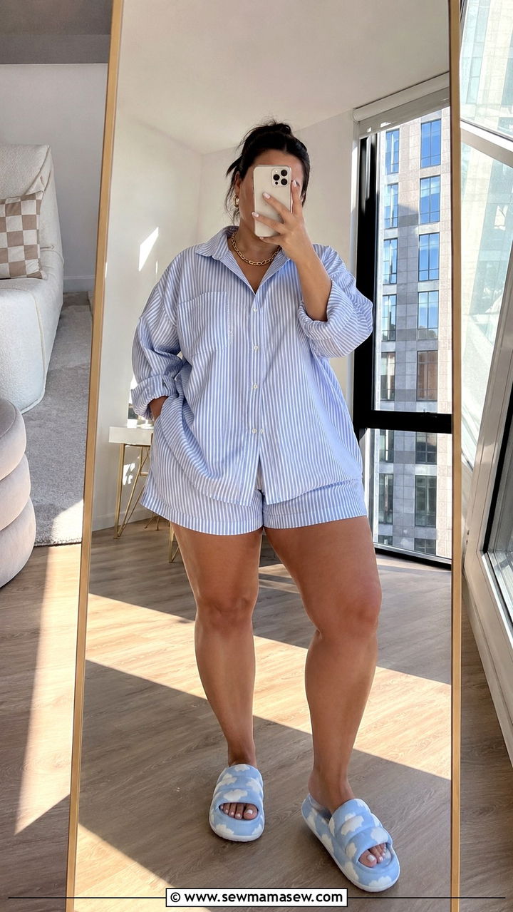 Oversized Boyfriend Style Button Down Pajama And Shorts - 25 Pajama outfit ideas plus size