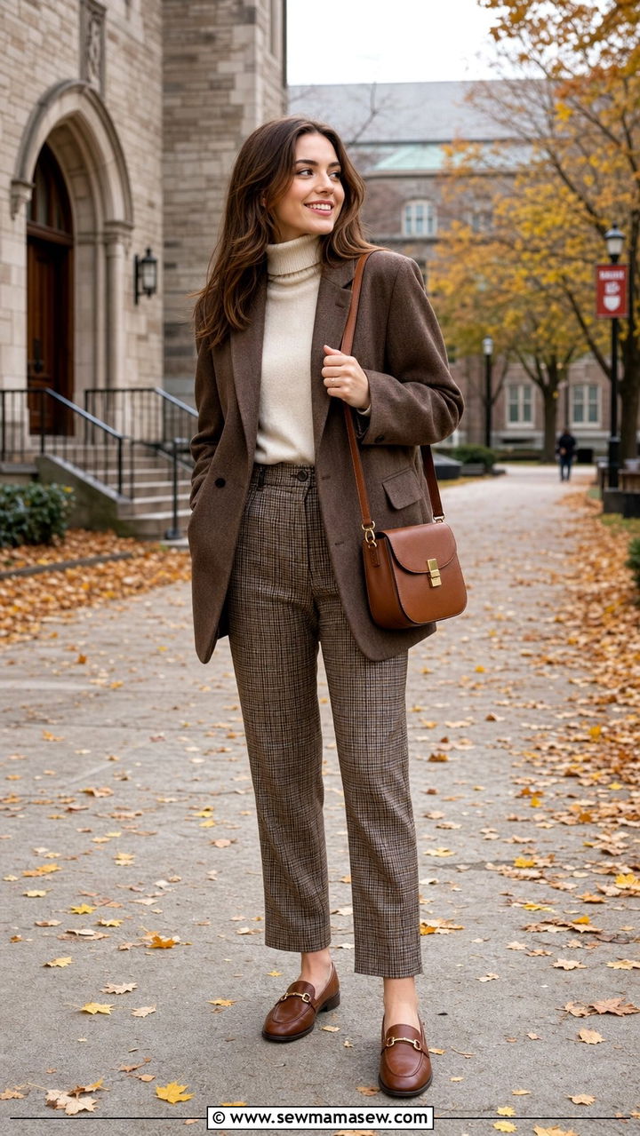 Oversized Brown Blazer With Cream Turtleneck And Plaid Trousers - 25 dark academia capsule wardrobe outfits