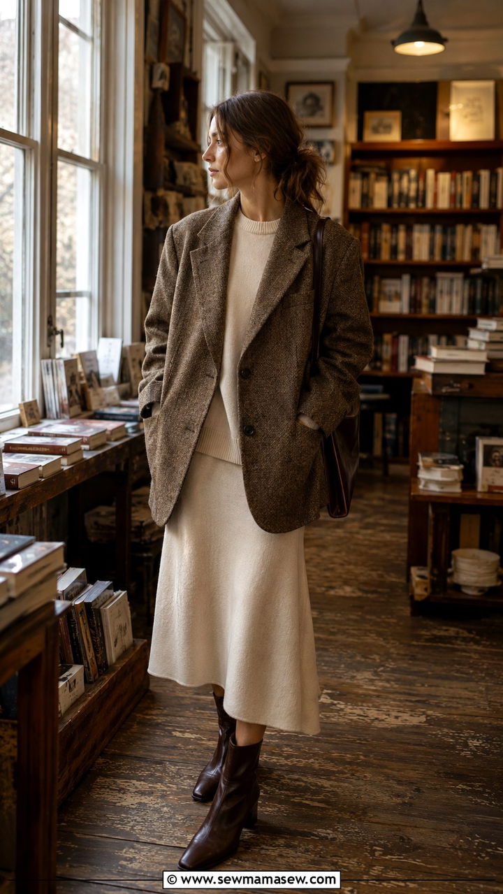 Oversized Brown Blazer With a Cream Wool Midi Skirt - 20 dark academia outfits to copy