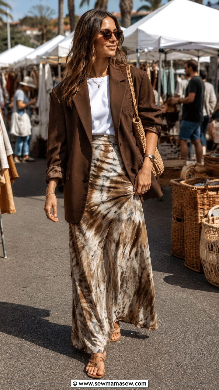 Oversized Brown Blazer with Tie Dye Maxi Skirt Outfit - 30 Oversized blazer outfit ideas with a skirt