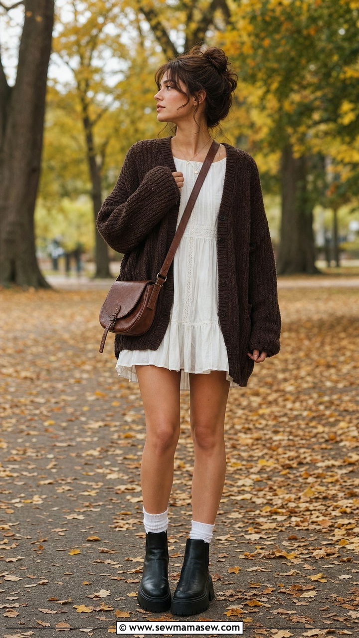 Oversized Brown Cardigan Over White Dress And Boots - 25 dark academia outfits aesthetic