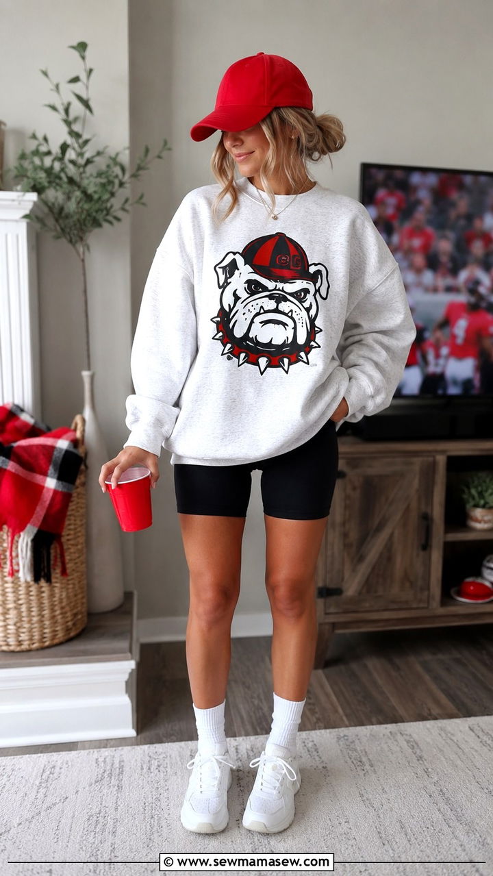 Oversized Bulldogs Sweatshirt with Biker Shorts - 20 Gameday outfit ideas Georgia