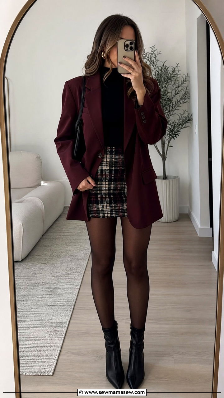 Oversized Burgundy Blazer with Plaid Mini Skirt Outfit - 30 Oversized blazer outfit ideas with a skirt