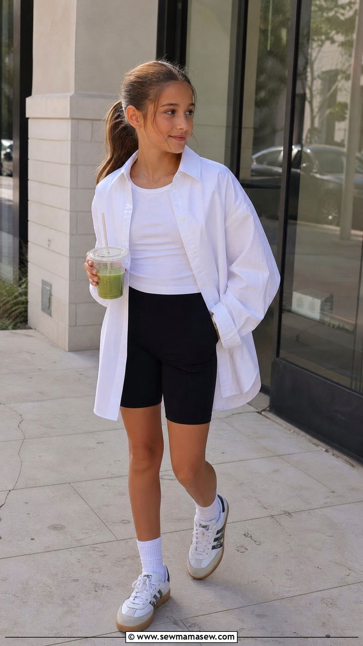 Oversized Button Down And Bike Shorts Preppy Tween Outfit - 30 Tween outfit ideas preppy