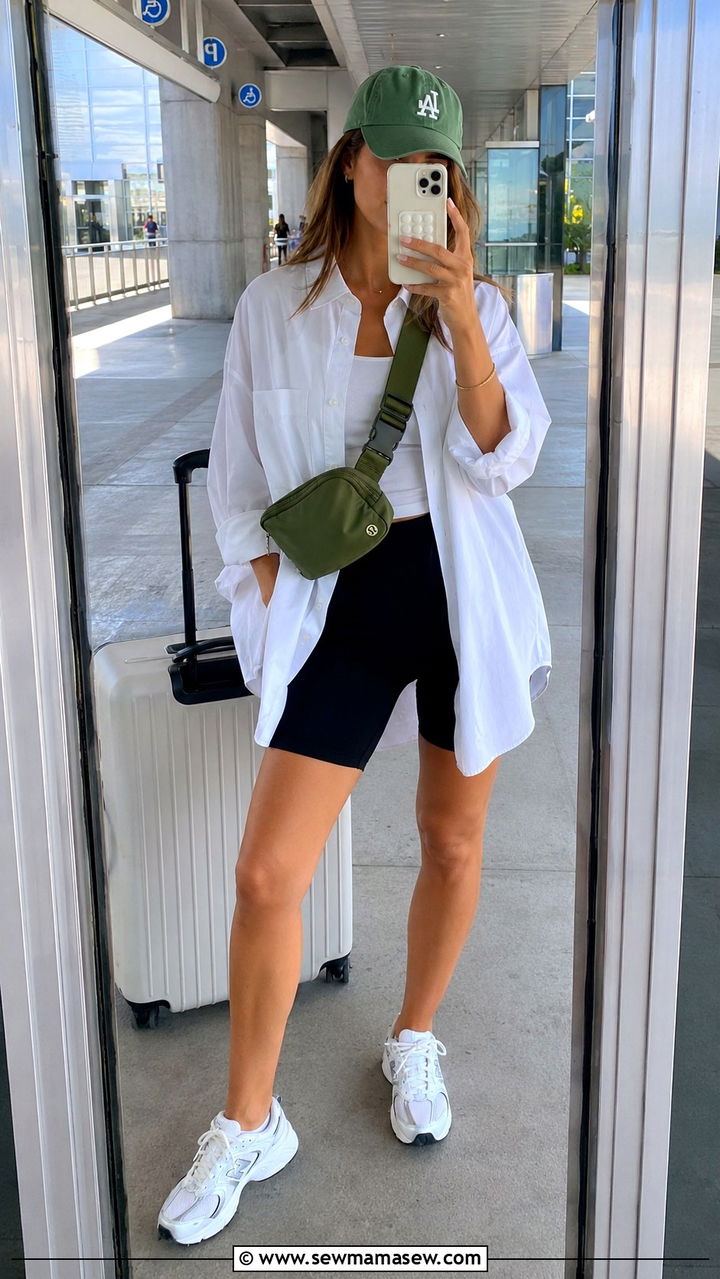 Oversized Button Down Shirt And Bike Shorts Travel Look - 25 seasonal travel outfit ideas