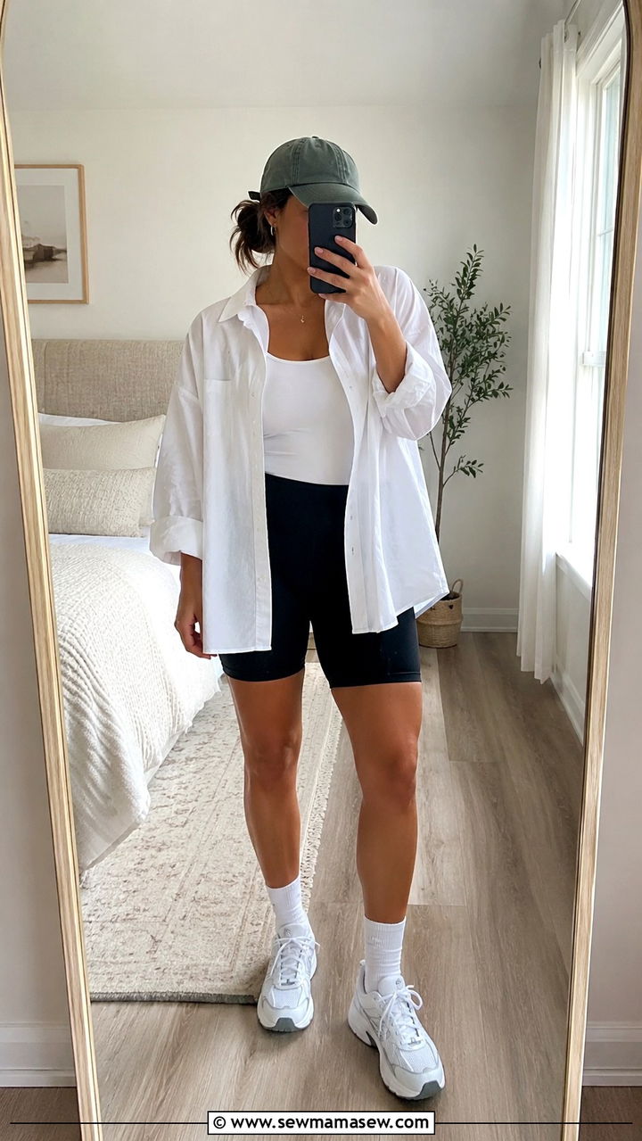 Oversized Button Down Shirt With Biker Shorts and Sneakers - 30 Late May outfit ideas