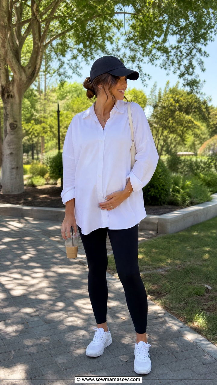 Oversized Button Down Shirt With Leggings - 25 Maternity outfit ideas hiding bump
