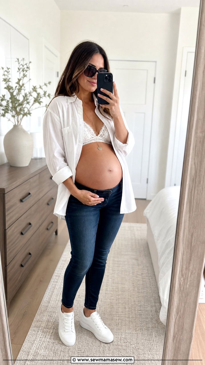 Oversized Button Down Shirt With Maternity Jeans - 25 Maternity announcement outfit ideas