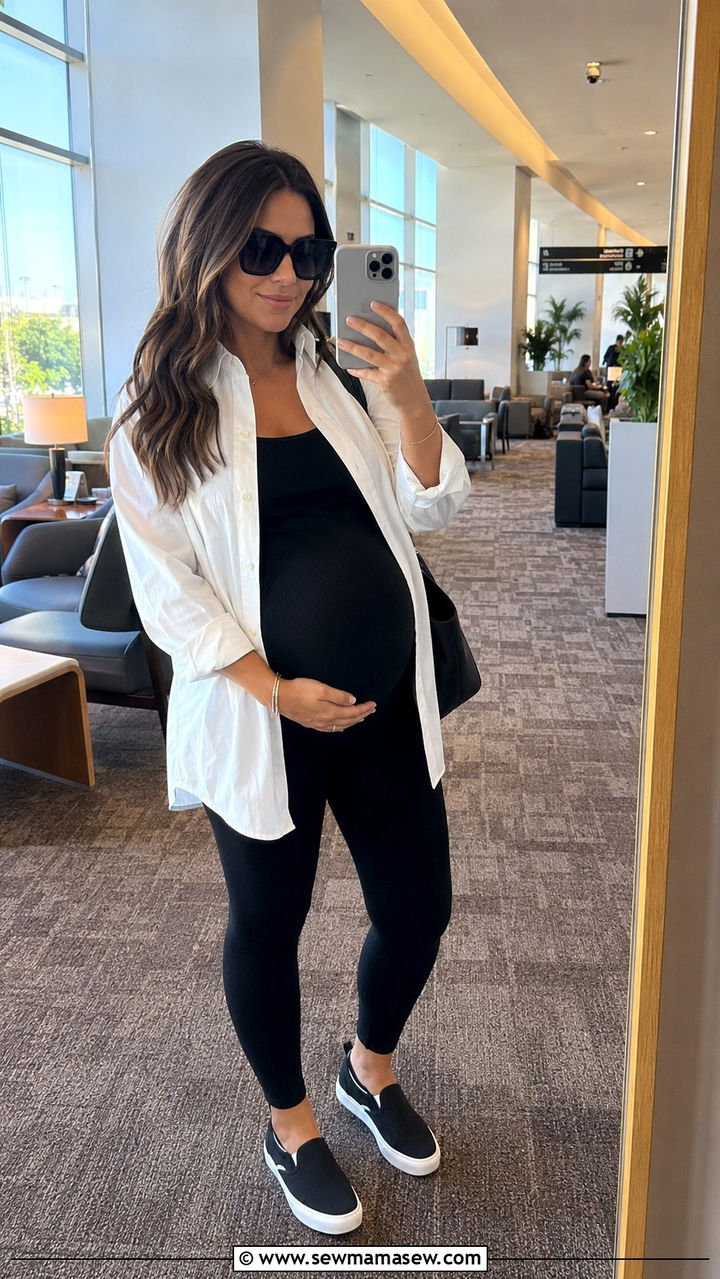 Oversized Button Down Shirt With Maternity Leggings - 25 Travel outfit ideas for pregnant women