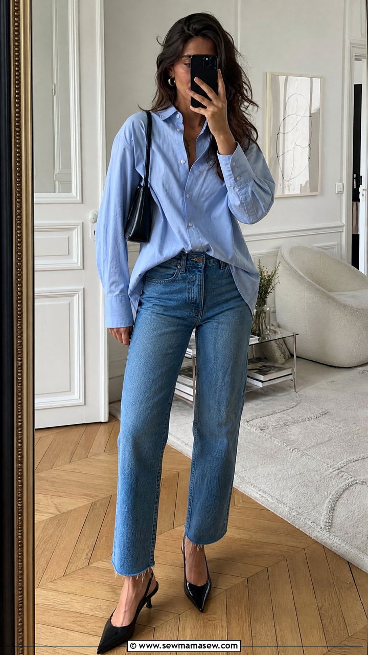 Oversized Button Down Shirt With Raw Hem Jeans Outfit - 30 French girl outfit ideas with jeans