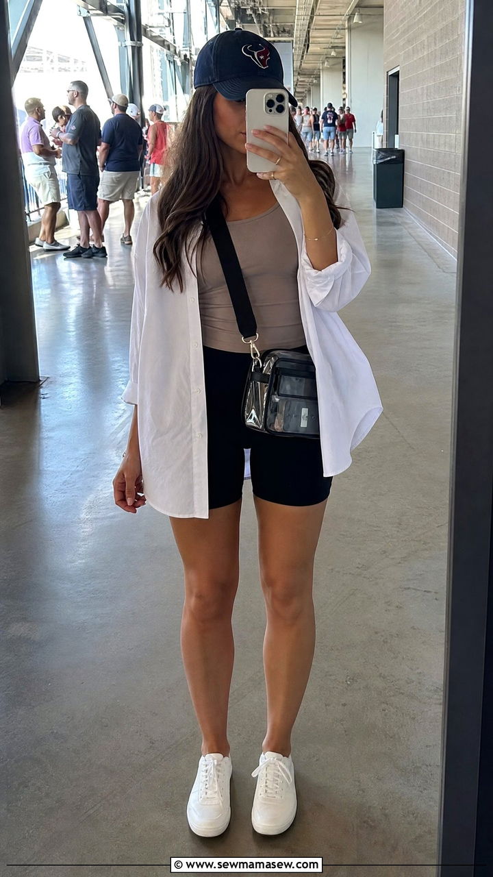 Oversized Button Down Shirt With Team Cap And Biker Shorts - 35 Gameday outfit ideas 2026