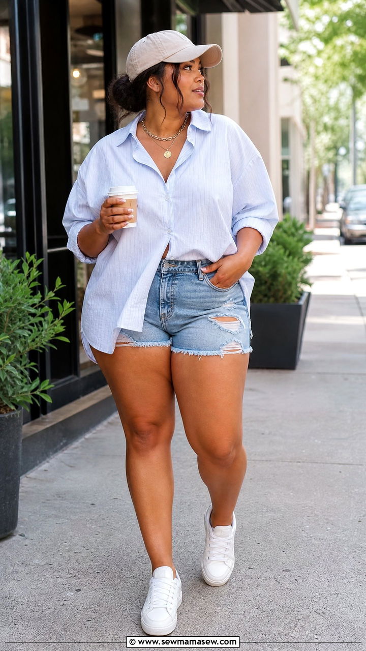 Oversized Button Down Shirt and Denim Shorts Outfit - 30 Summer outfits for curvy women