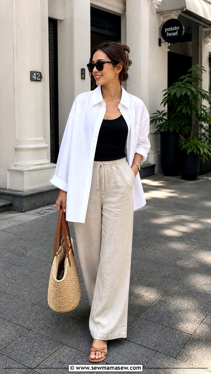 Oversized Button Down Shirt as a Jacket with a Tank and Linen Pants - 40 What to wear in Singapore