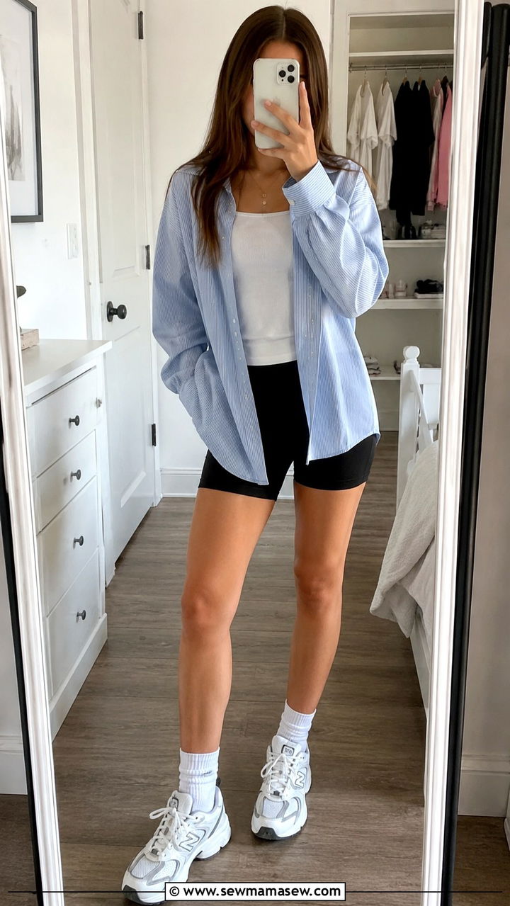 Oversized Button Down Shirt with Biker Shorts - 30 Spring outfits for middle school