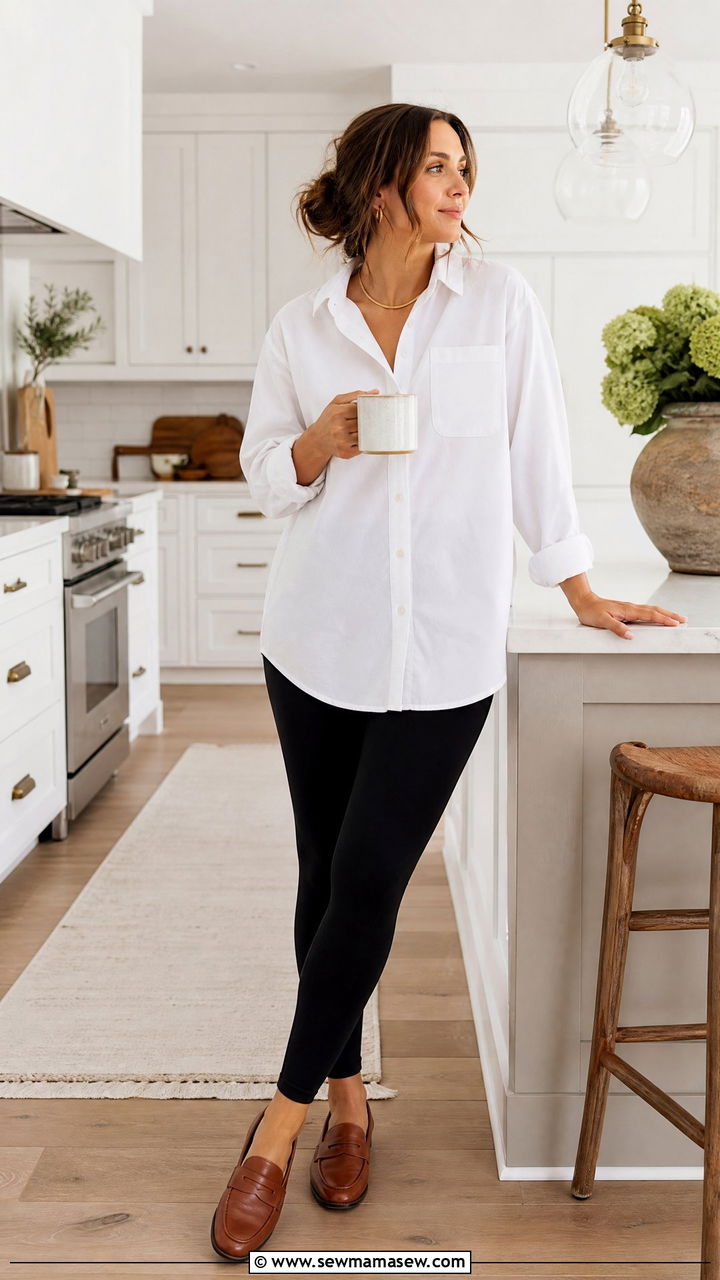 Oversized Button Down Shirt with Black Leggings and Penny Loafers - 20 Postpartum outfit ideas still looks pregnant
