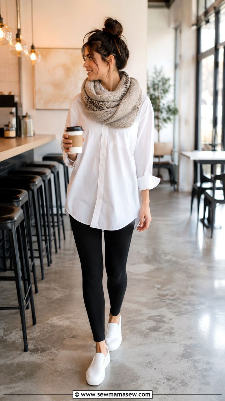 Oversized Button Down Shirt with Black Leggings and Slip On Sneakers - 25 Pumping friendly work outfits