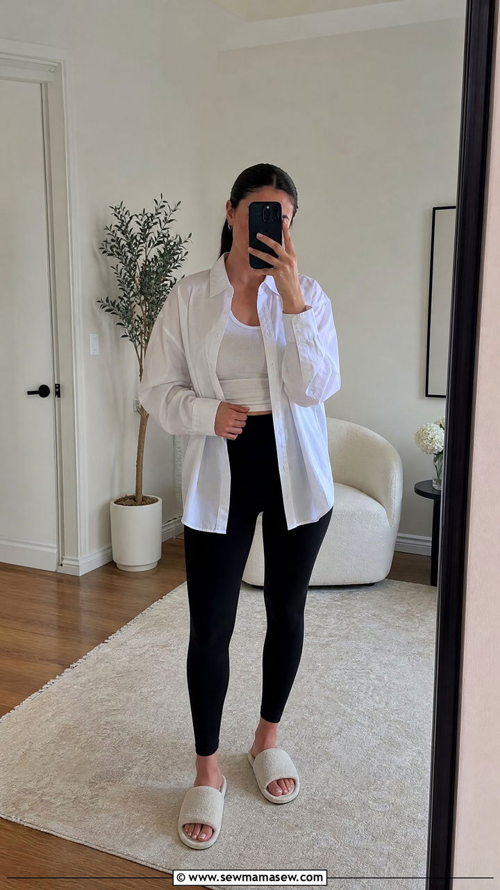 Oversized Button Down Shirt with Leggings - 30 Cozy movie night outfit ideas