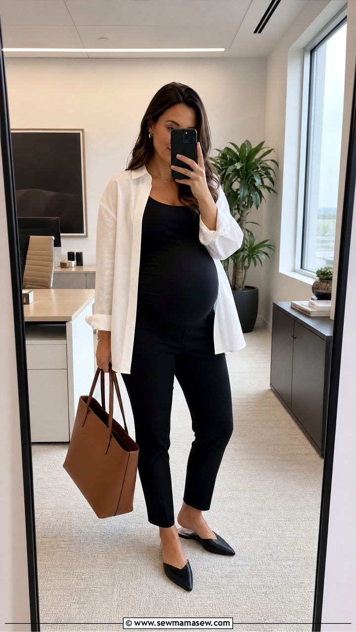 Oversized Button Down Shirt with Maternity Trousers - 30 Maternity outfit ideas corporate