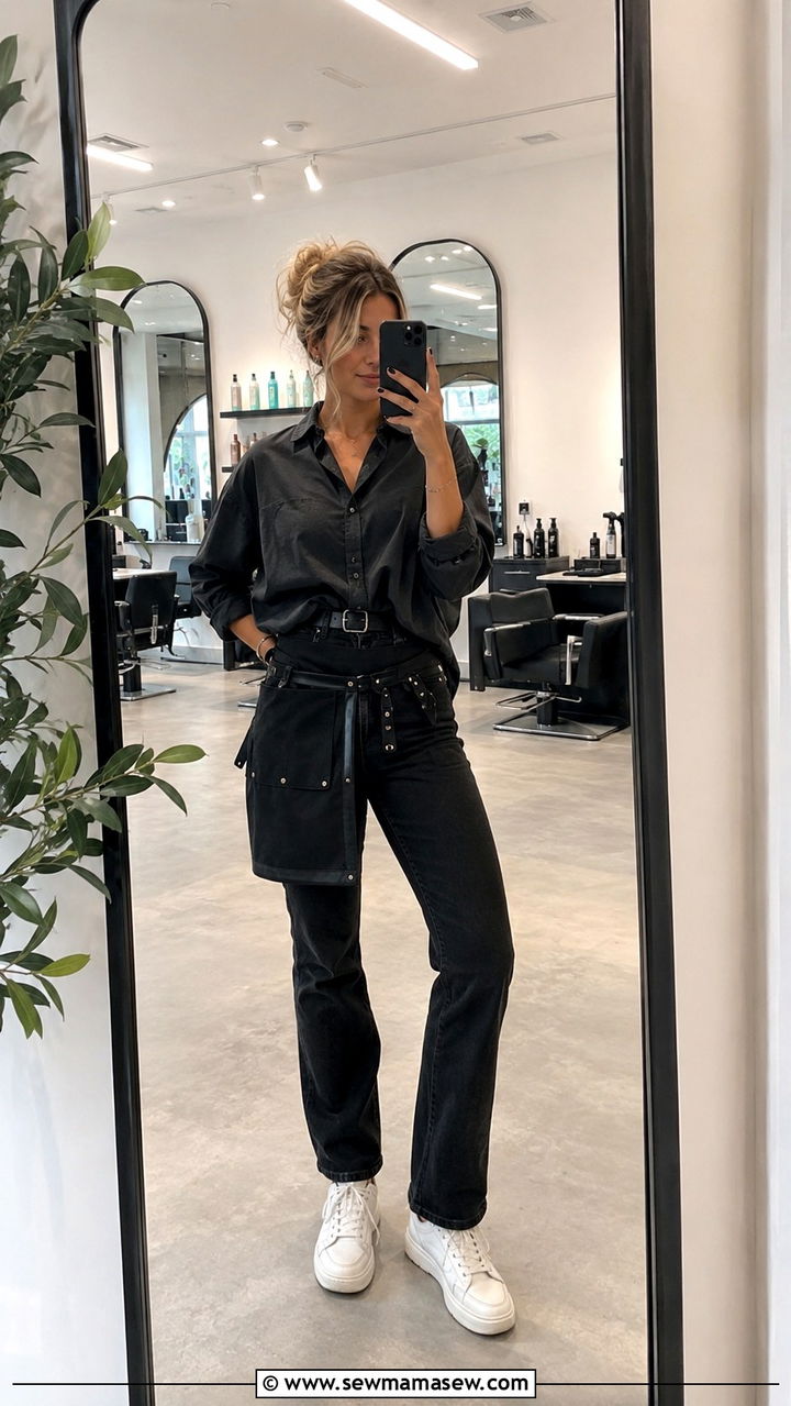 Oversized Button Down Shirt with Slim Jeans - 20 Hairstylist outfit ideas