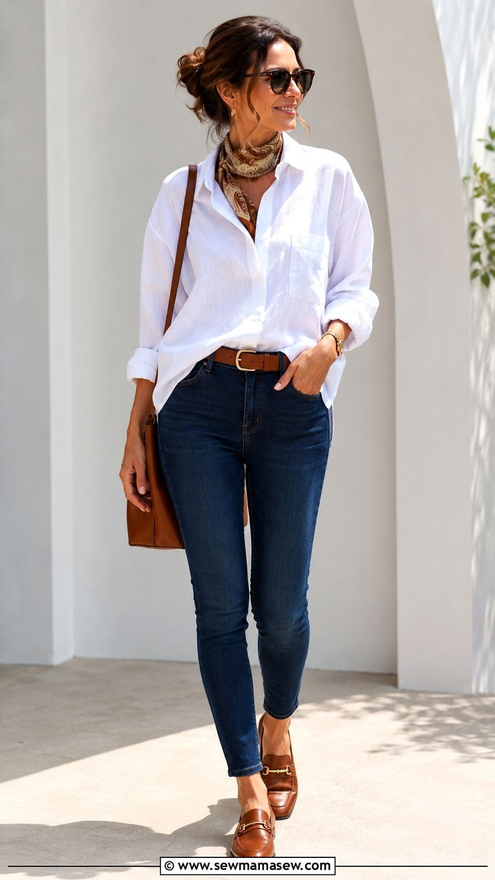 Oversized Button Down Shirt with Stretch Jeans and Loafers - 20 Loungewear outfit ideas school run