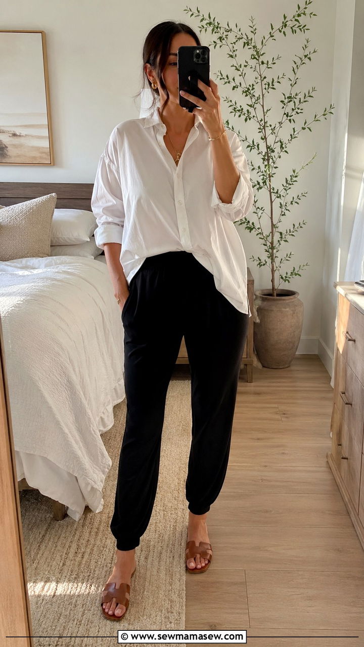 Oversized Button Down Shirt with Stretchy Pants - 20 Postpartum outfit ideas week 1