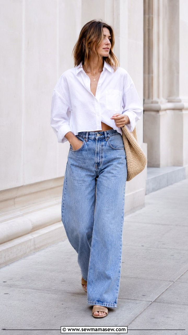 Oversized Button Down Shirt with Wide Leg Jeans - 25 Wide leg jeans outfit ideas with a button down
