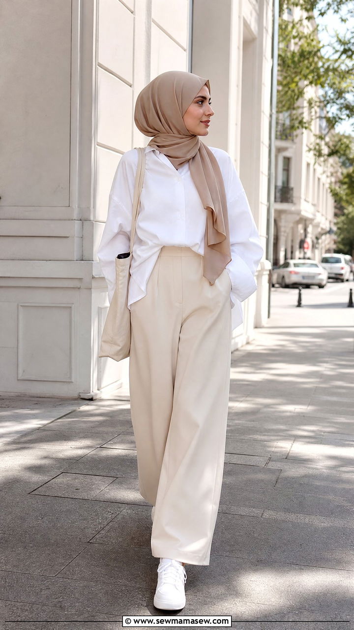 Oversized Button Down Shirt with Wide Leg Trousers - 25 casual outfits for hijab women