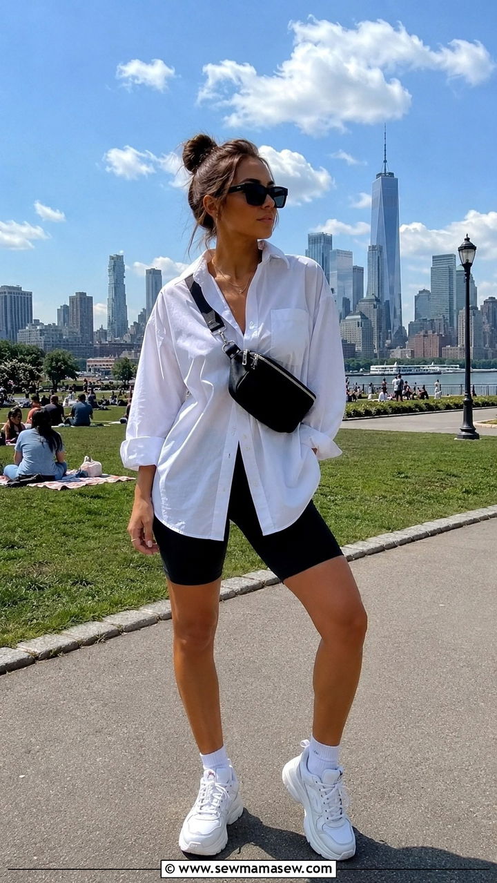Oversized Button Down With Biker Shorts - 30 picnic outfit ideas for women