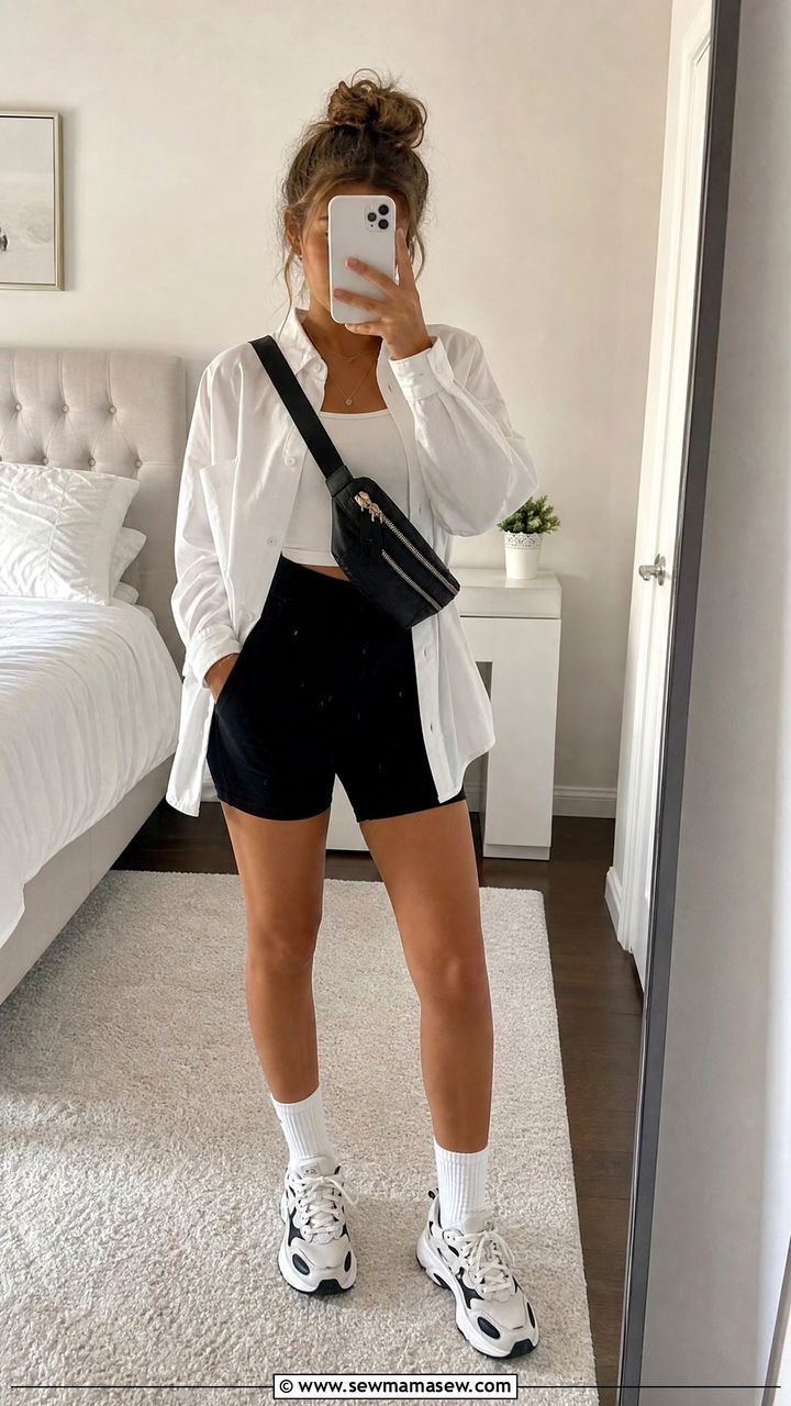 Oversized Button Down With Biker Shorts And A Belt Bag Outfit - 25 First day of middle school outfit ideas