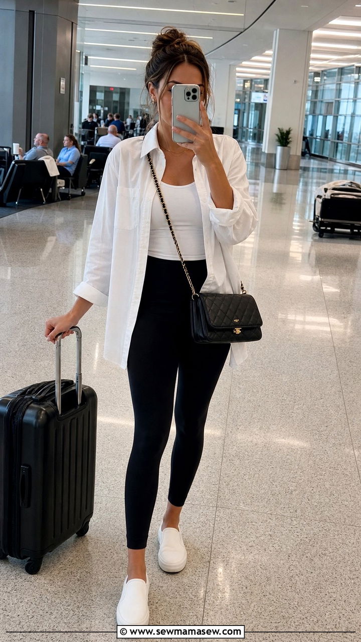 Oversized Button Down With Leggings And Sneakers - 35 Airport outfit ideas with sneakers