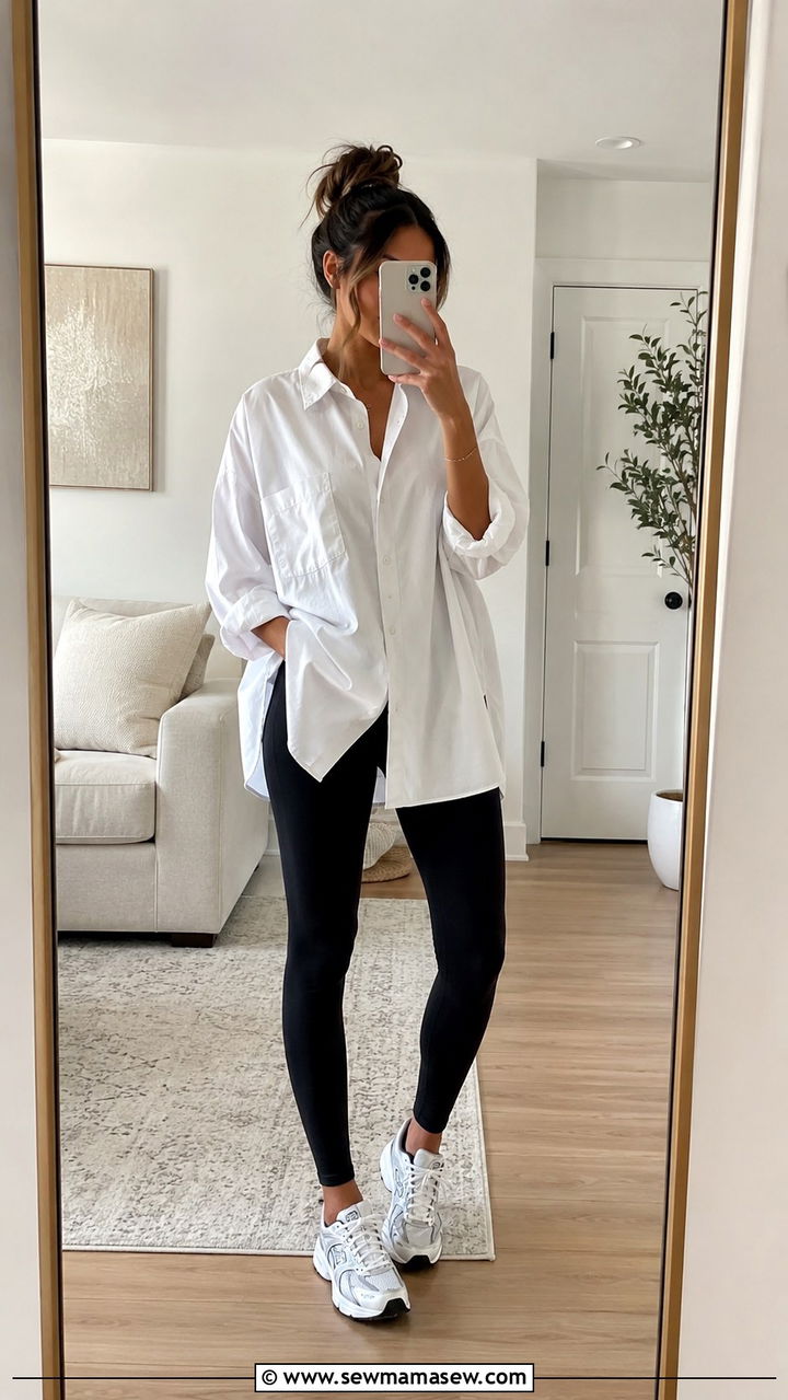 Oversized Button Down and Black Leggings - 30 Spring outfit ideas for new mom