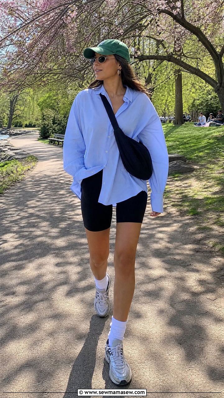 Oversized Button Down with Biker Shorts Picnic Outfit - 40 Spring picnic outfits