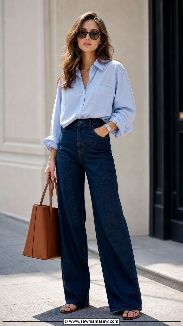Oversized Button Down with High Waisted Wide Leg Jeans - 30 High waisted jeans outfit ideas with a button down