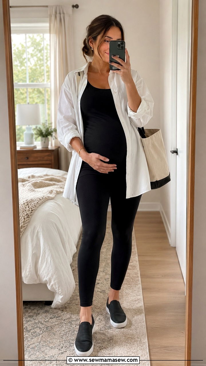 Oversized Button Down with Maternity Leggings - 20 Second trimester outfit ideas